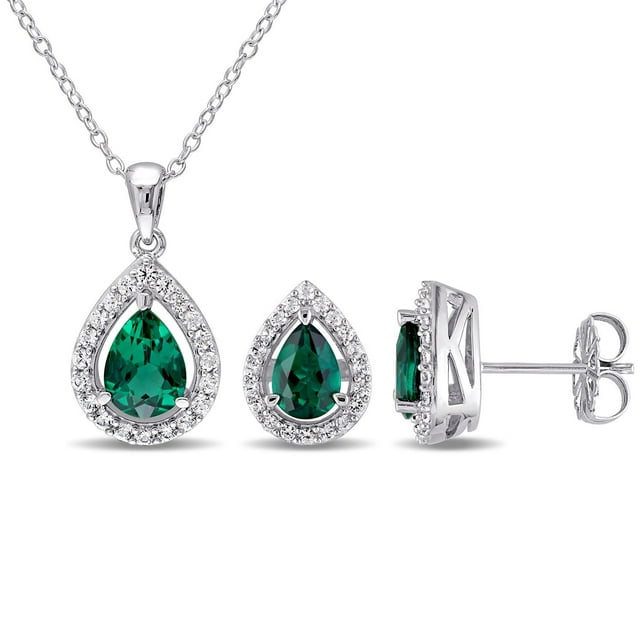 Lab Created Gemstone Teardrop Halo Pendant and Stud Earrings Set in Sterling Silver